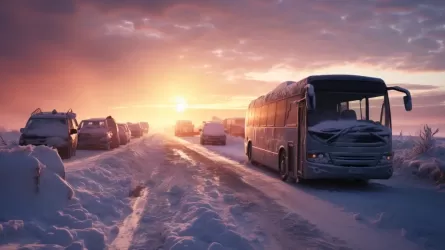 На трассе в Жетысуской области грузовик застрял в снежном заносе, перекрыв проезд другим