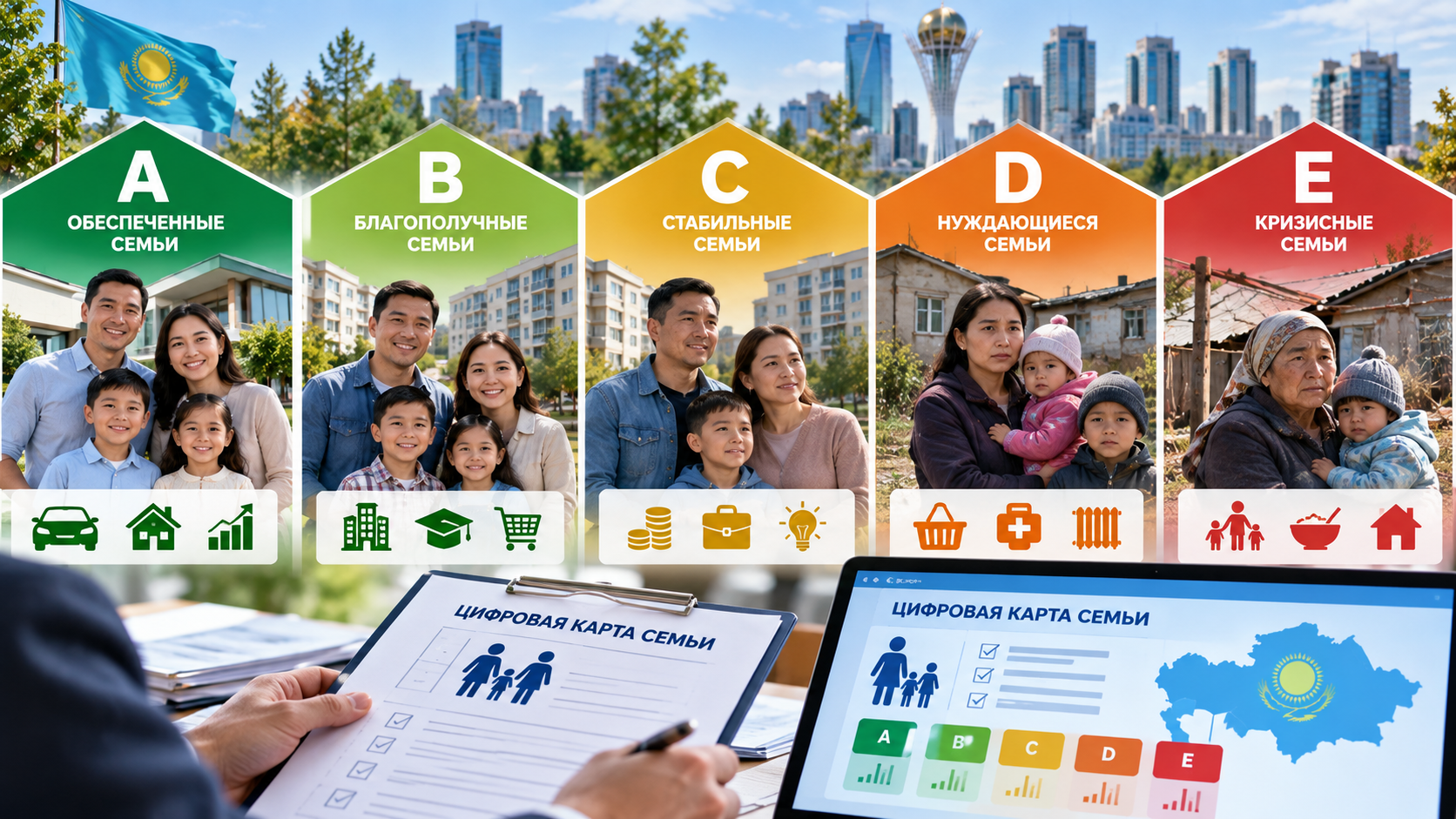 Категории A, B, C, D и E: в минтруда объяснили, как Казахстан оценивает благополучие семей 