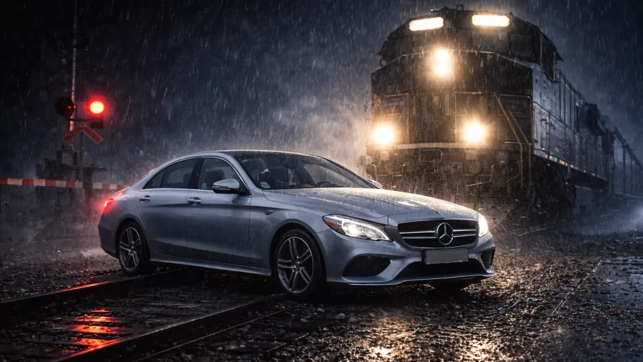 Локомотив протащил автомобиль на переезде в Семее 