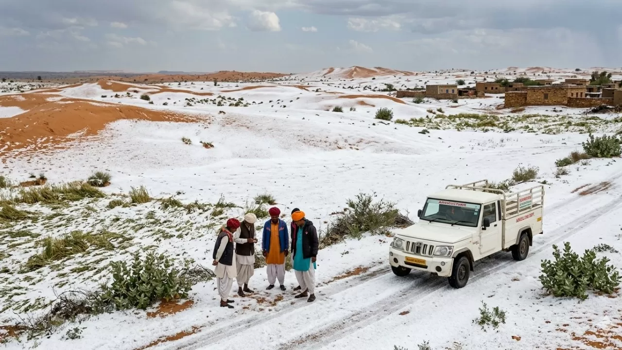 Крупный град превратил индийские пески в зимний пейзаж